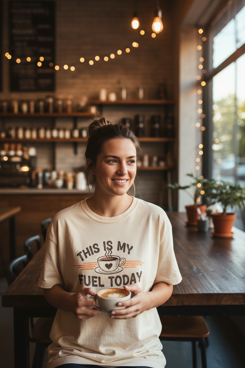 Female model wearing coffee t-shirt in artisanal cafe with coffee cup