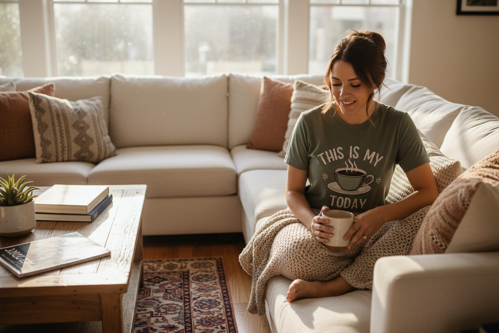 Woman on Couch Coffee T-Shirt Photo